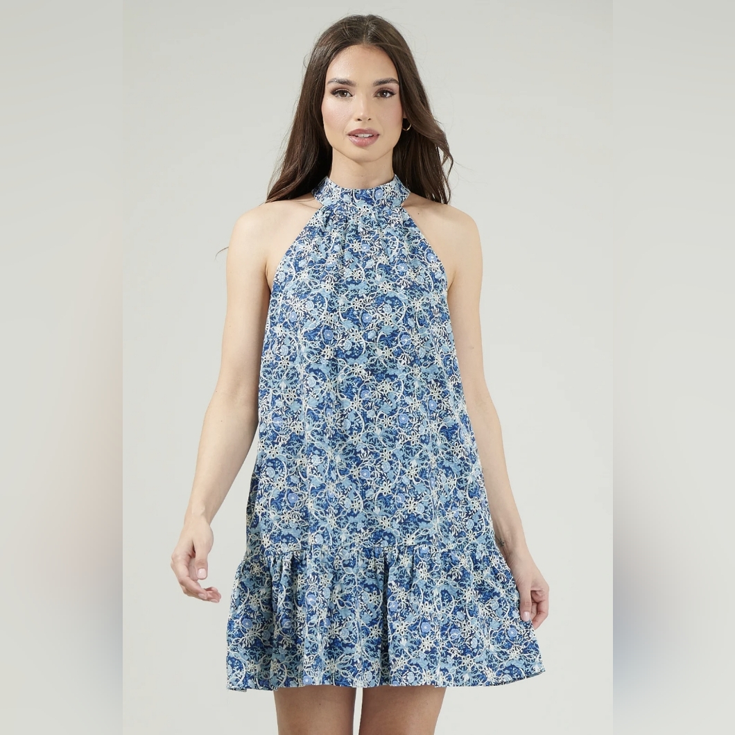 Sugarlips Laly Embroidered Mini Ruffle Dress Large Blue/White Floral Nwot